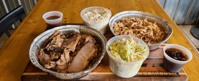 An image of a tray with BBQ and dips
