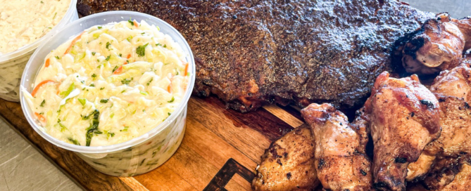 Smoked steak with mashed potatoes and BBQ wings at graduation party catering in Eagan, MN