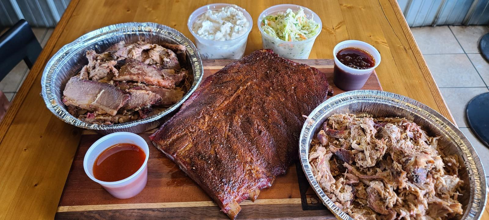 This photo shows a bunch of food on a table.