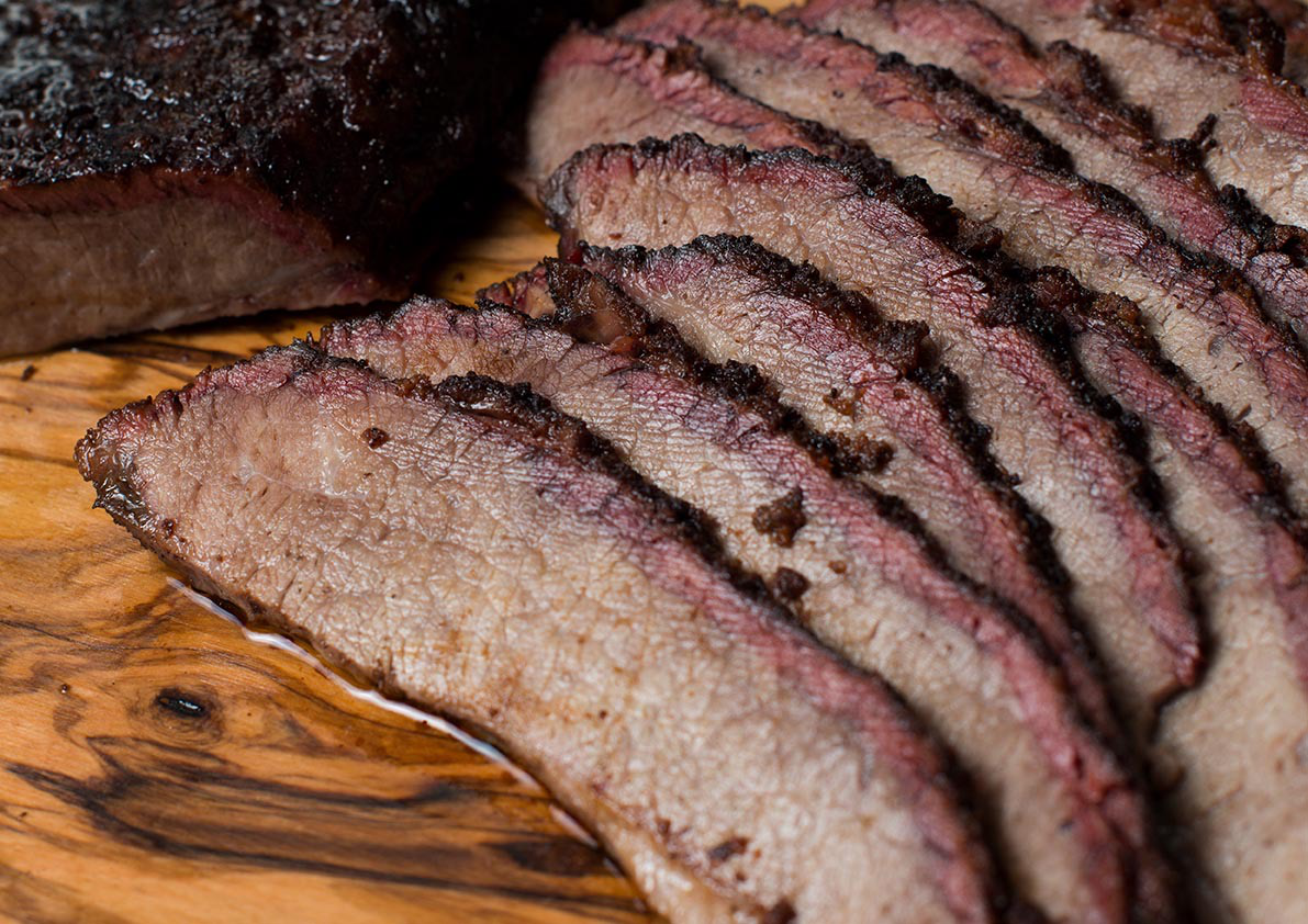 close-up of brisket being sliced